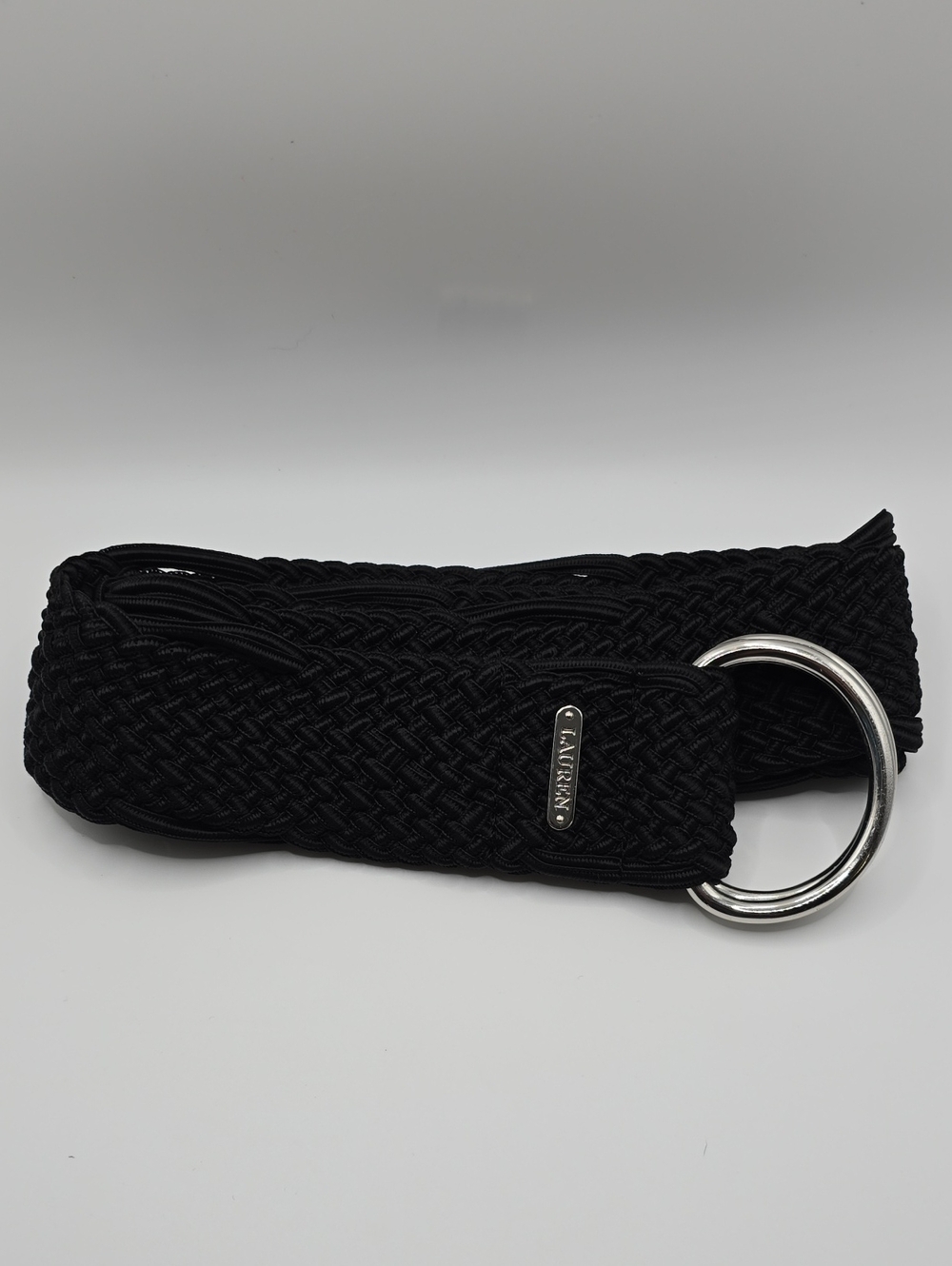Lauren Ralph Lauren Black Braided Stretch Belt with Silver Double Ring